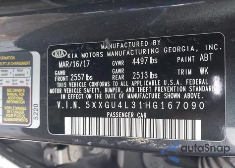 2017 Kia Optima Ex z USA, uszkodzony, nr VIN 5XXGU4L31HG167090